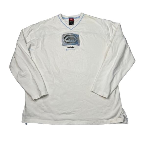 Ecko VTG Y2K Holographic V-Neck Heavyweight Long Sleeve T-Shirt White Medium - Picture 1 of 6